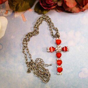 VINTAGE Red Heart Cross Pendant Necklace ~ Crystal Rhinestone Silver Cross